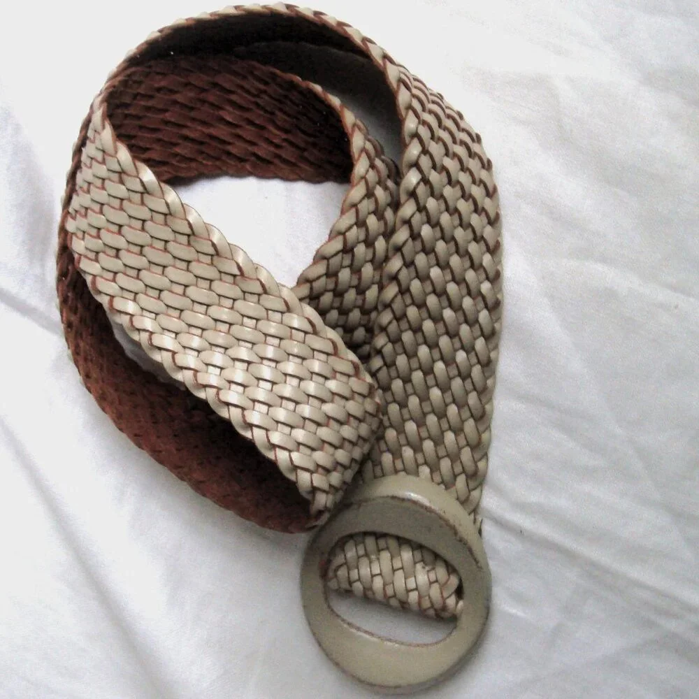 Vintage Italian Woven Leather Chunky Eye Buckle Belt